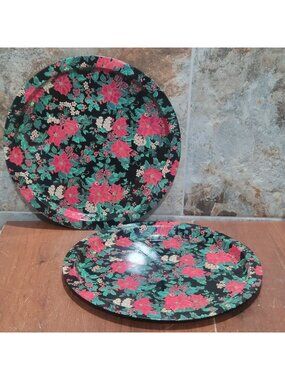 Vintage Round Serving Trays Poinsettia Greenery Floral Black Background